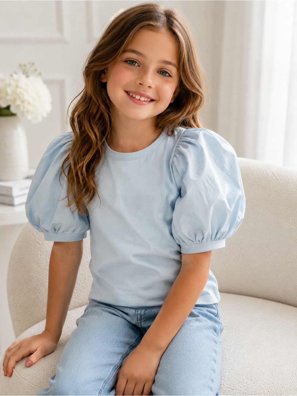 A Loves A Girls Top Kids Light Blue Puff Sleeve Cotton Crewneck Size S NWT